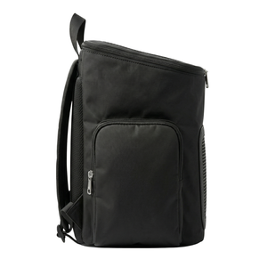 Side view of Prada-inspired dog carrier with ventilation windows and triangle branding