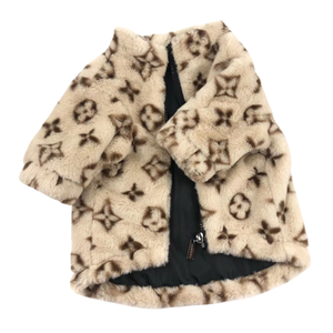 Cream monogram plush dog jacket Louis Vuitton style with ribbed collar