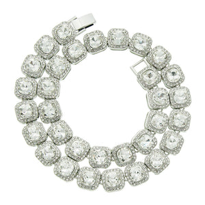 Silver clustered tennis necklace with CZ stones showing quick-release clasp