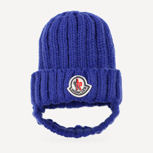 Chunky Knit dog beanie inspired by Moncler, blue, front view