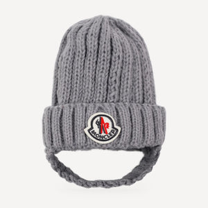 Chunky Knit dog beanie inspired by Moncler, grey, front view