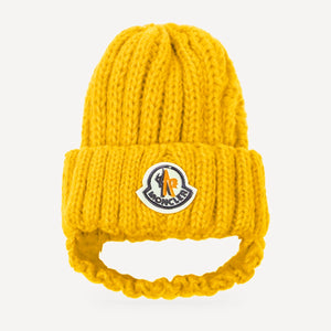 Chunky Knit dog beanie inspired by Moncler, yellow, front view