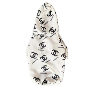 White dog hoodie with black Chanel logos all-over print inspired by Chanel