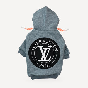 Circle Logo dog hoodie inspired by Louis Vuitton, grey, back view