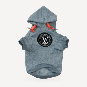 Circle Logo dog hoodie inspired by Louis Vuitton, grey, front view