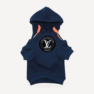 Circle Logo dog hoodie inspired by Louis Vuitton, navy blue, front view