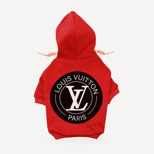 Circle Logo dog hoodie inspired by Louis Vuitton, red, back view