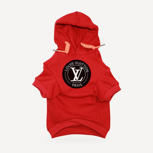 Circle Logo dog hoodie inspired by Louis Vuitton, red, front view