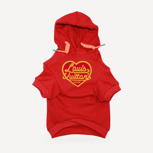 Heart Logo dog hoodie inspired by Louis Vuitton, red, front view