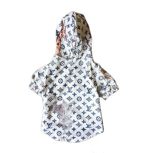 White monogram dog rain jacket Louis Vuitton style with hood and jungle print back view