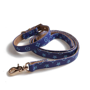 Blue faux leather dog collar and leash featuring V monogram print and gold hardware
