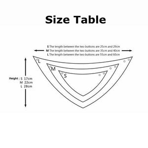 Dog bandana size chart showing small medium large triangle measurements with snap closure