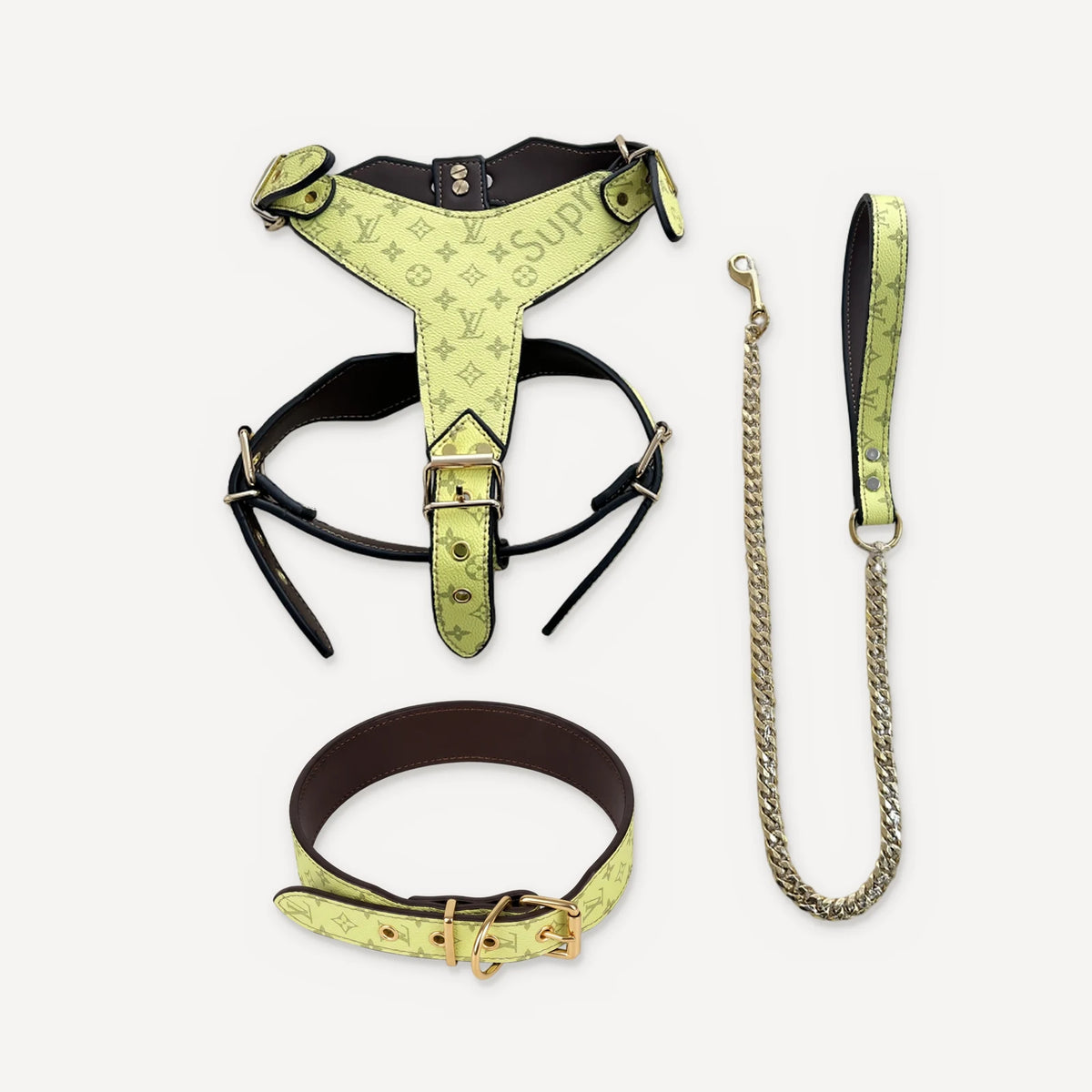 × Pupreme Gold Chain Leather Walking dog set inspired by Louis Vuitton view 6