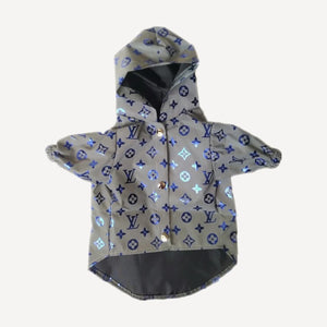 Blue reflective dog windbreaker inspired by Louis Vuitton