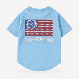 Flag dog tee inspired by Chrome Hearts, light blue, back view