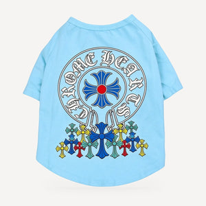 Multi Cross dog tee inspired by Chrome Hearts, light blue, back view