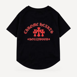 Red Hollywood dog tee inspired by Chrome Hearts, black, back view