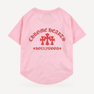 Red Hollywood dog tee inspired by Chrome Hearts, pink, back view