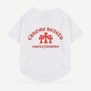 Red Hollywood dog tee inspired by Chrome Hearts, white, back view