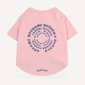 Spiral Script dog tee inspired by Chrome Hearts, pink, back view