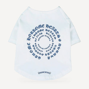 Spiral Script dog tee inspired by Chrome Hearts, white, back view