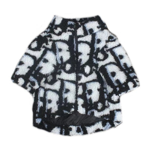 Black fleece dog jacket with Dogior oblique monogram print Dior inspired front view