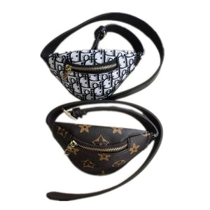 Two designer monogram dog bum bags with oblique and V-print patterns on white background