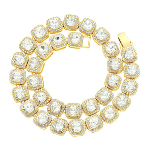 Gold clustered tennis necklace with cubic zirconia stones in cushion settings
