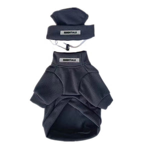 Black waffle-knit dog sweatshirt and hat set Fear of God Essentials inspired with ESSENTIALS branding
