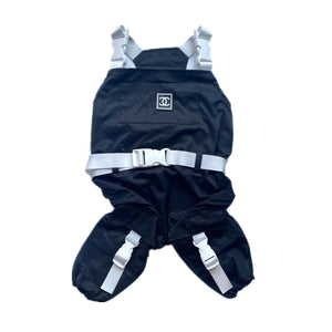 Black dog overalls with buckle straps Chanel inspired with logo detail