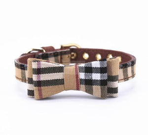 Furberry style plaid collar and leash set with bow detail and adjustable leather strap