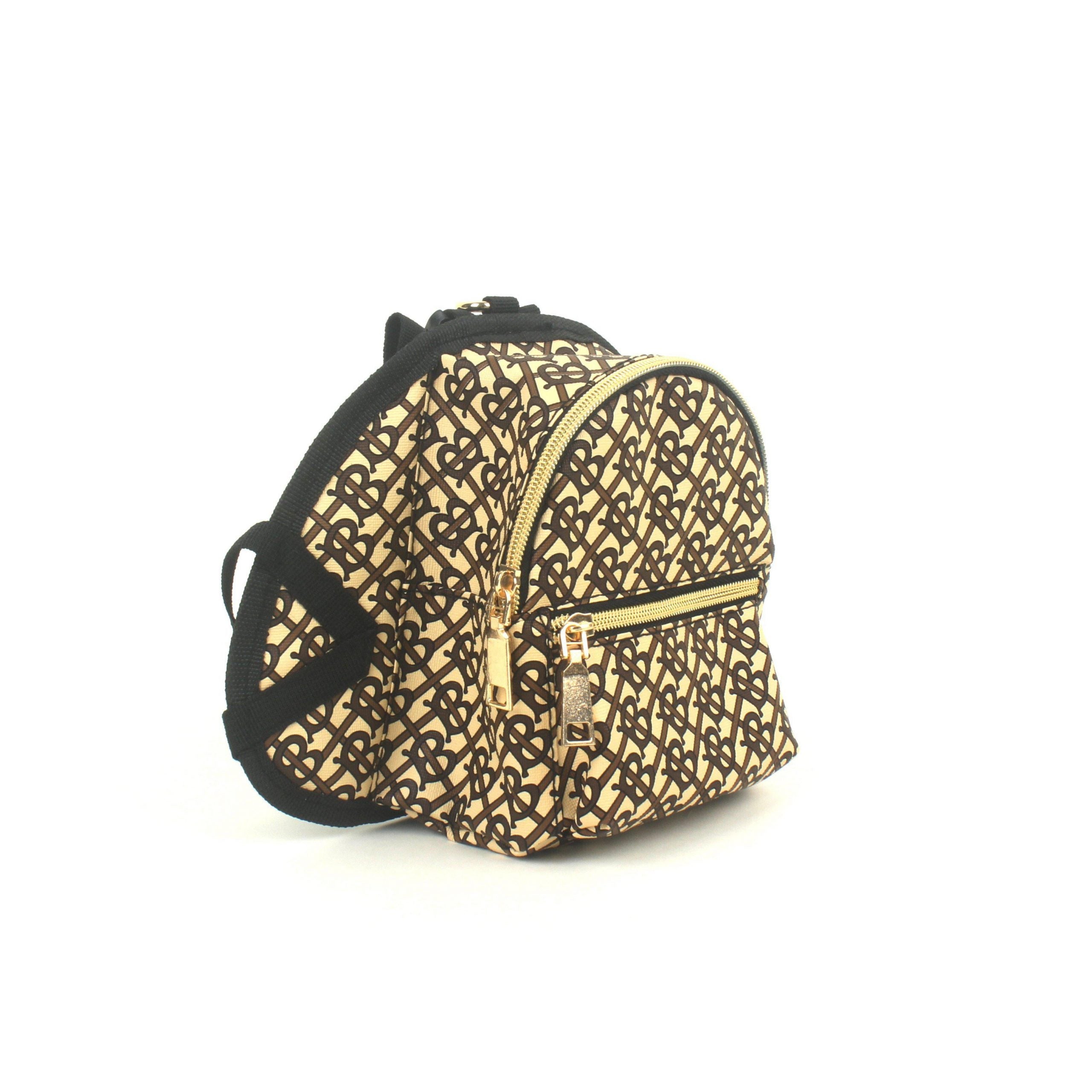 Furberry monogram dog backpack side angle showing structured design and buckles