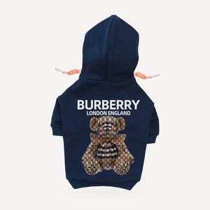 Teddy Bear dog hoodie inspired by Burberry, navy blue, back view
