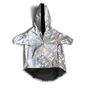 Gray windbreaker with reflective FF logos front view with button closure and hood