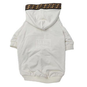Back view of white dog hoodie with FF monogram trim around hood opening and ribbed hem