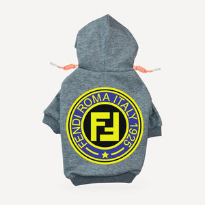 Roma Badge dog hoodie inspired by Fendi, grey, back view