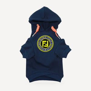 Roma Badge dog hoodie inspired by Fendi, navy blue, front view