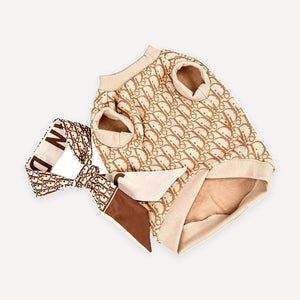 Cream monogram dog sweater and scarf set inspired by Dior Oblique on light grey background