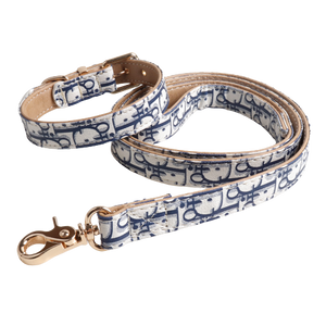 Blue and white Dogior monogram dog collar and leash set faux leather construction