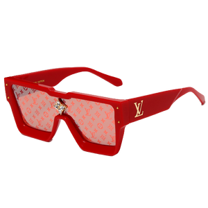 Red designer dog sunglasses with V monogram pattern on pink tinted lenses