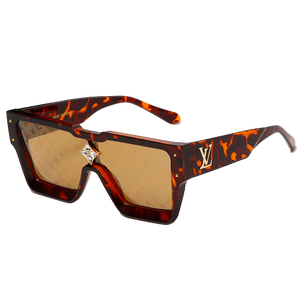 Brown tortoiseshell designer dog sunglasses with V logo and amber lenses