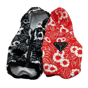 Black and red floral print dog hoodies Prada inspired with triangle logo detail
