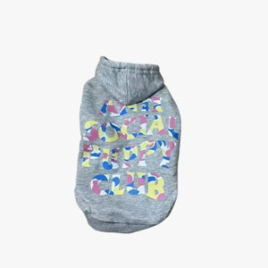 Grey dog hoodie with gradient Anti Social Puppy Club logo, inspired by Anti Social Social Club