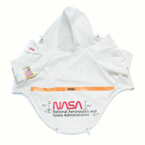 White NASA windbreaker flat lay showing 3M reflective orange stripe and mission patch
