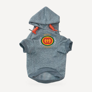 Circle Logo dog hoodie inspired by Gucci, grey, front view