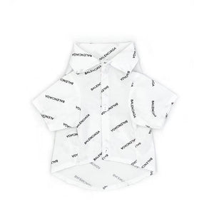 White dog button-up shirt with all-over Balenciaga logo print and classic collar
