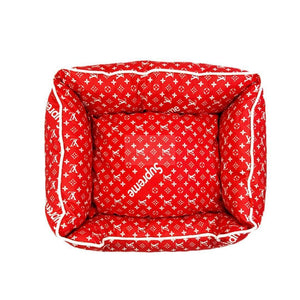 Designer dog bed red and white monogram print with structured padded walls Supreme LV style