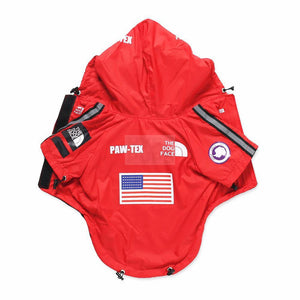 Red technical dog windbreaker Supreme North Face style with Paw-Tex patches and American flag detail