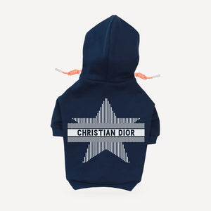 Star dog hoodie inspired by Dior, navy blue, back view