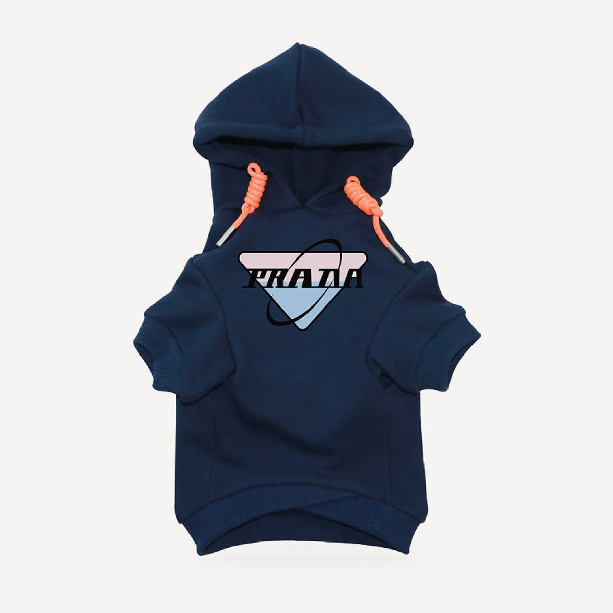 Orbit Logo dog hoodie inspired by Prada, navy blue, front view